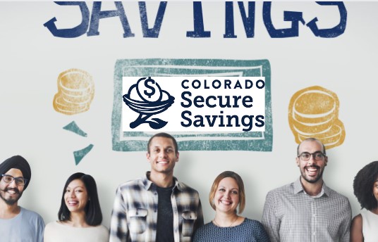 A group of people standing in front of a wall with the words secure savings, showcasing the Colorado Secure Savings Program.