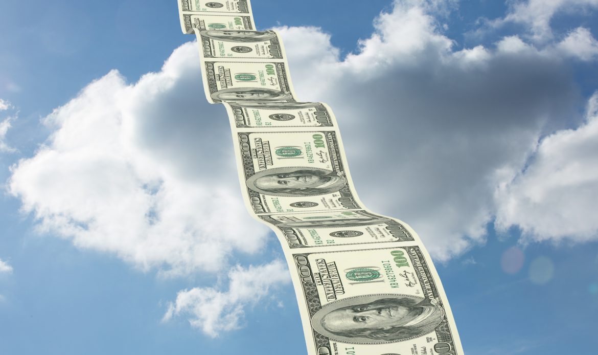 A stack of dollar bills soaring through the sky using the brrrr method.