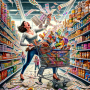 A painting of a woman in a grocery store with a shopping cart, featuring Extreme Couponing Tips.