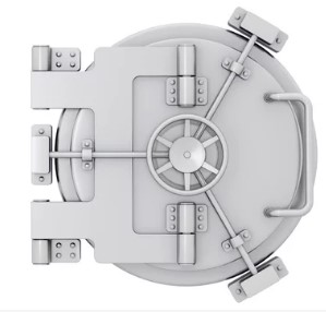 A metal bank vault on a white background.